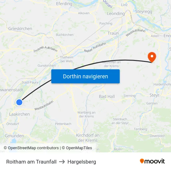 Roitham am Traunfall to Hargelsberg map