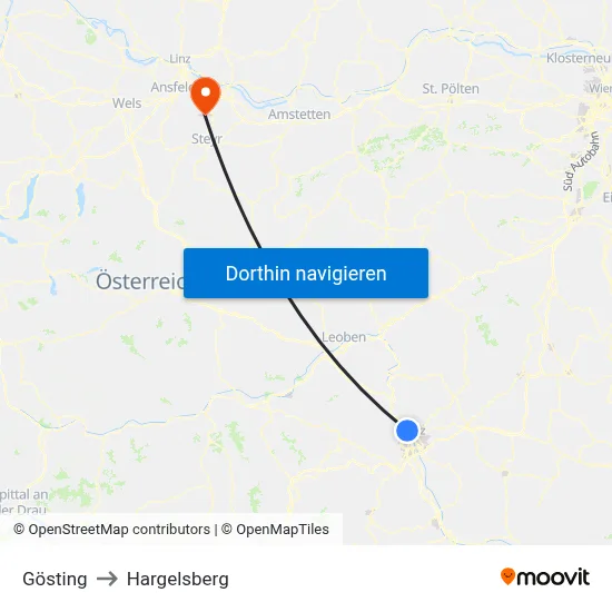 Gösting to Hargelsberg map