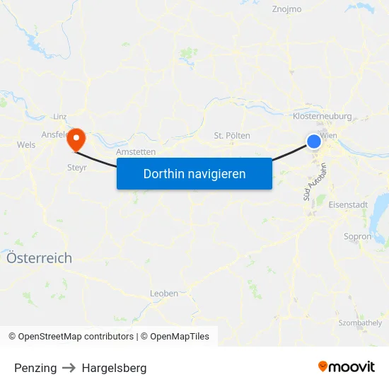 Penzing to Hargelsberg map