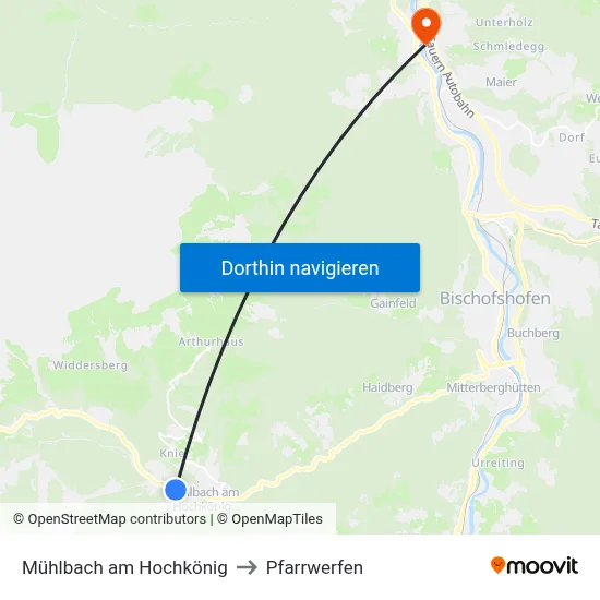 Mühlbach am Hochkönig to Pfarrwerfen map
