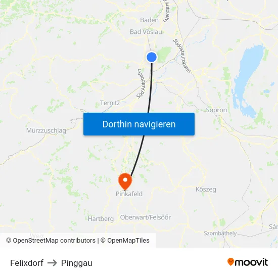 Felixdorf to Pinggau map