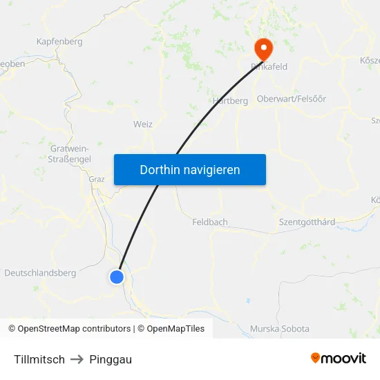 Tillmitsch to Pinggau map