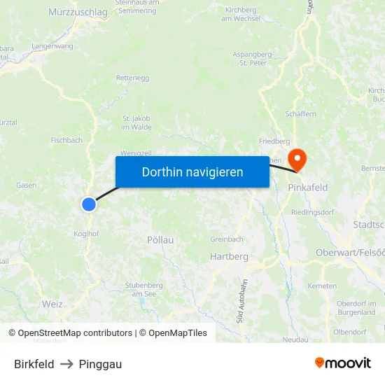 Birkfeld to Pinggau map