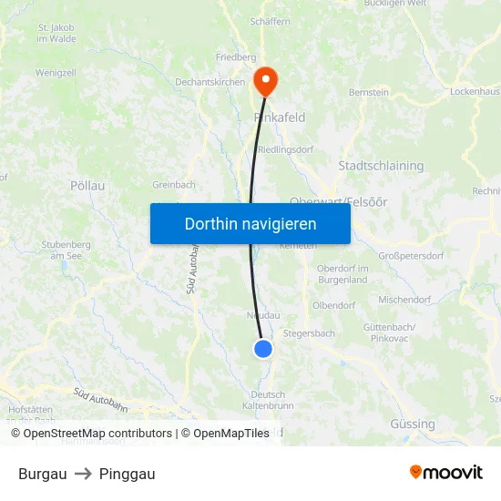 Burgau to Pinggau map