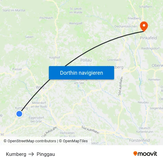 Kumberg to Pinggau map