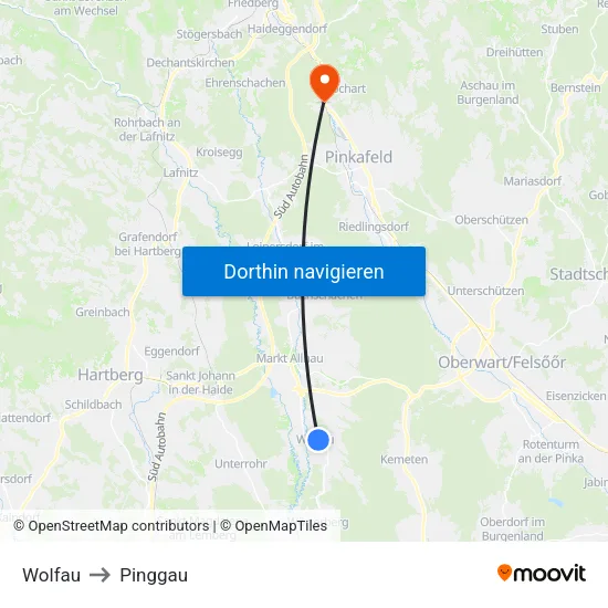 Wolfau to Pinggau map