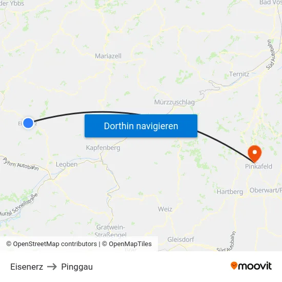 Eisenerz to Pinggau map