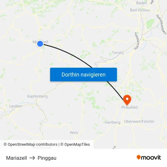 Mariazell to Pinggau map