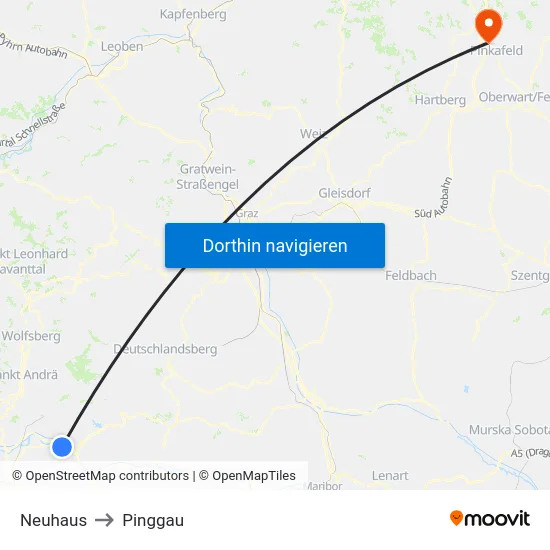 Neuhaus to Pinggau map