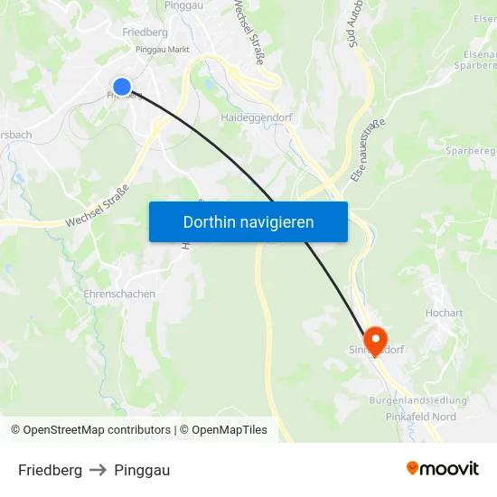 Friedberg to Pinggau map