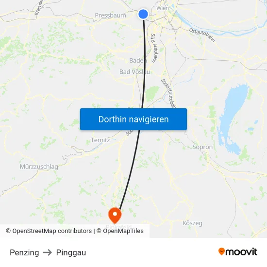 Penzing to Pinggau map