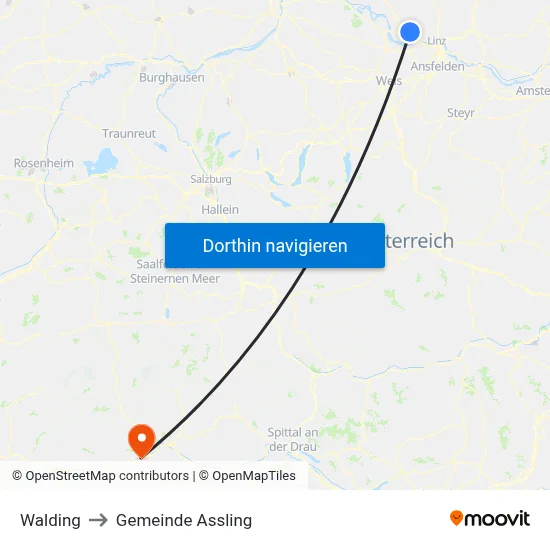 Walding to Gemeinde Assling map