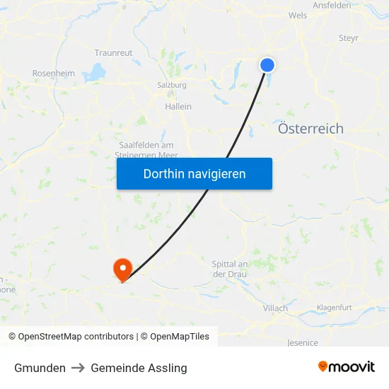 Gmunden to Gemeinde Assling map