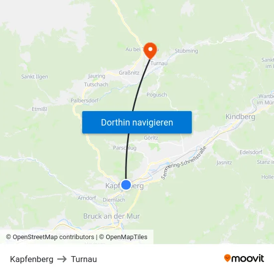 Kapfenberg to Turnau map