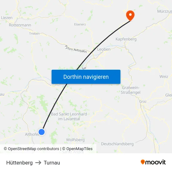 Hüttenberg to Turnau map