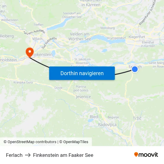 Ferlach to Finkenstein am Faaker See map