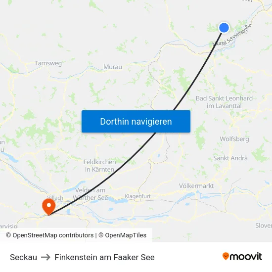 Seckau to Finkenstein am Faaker See map