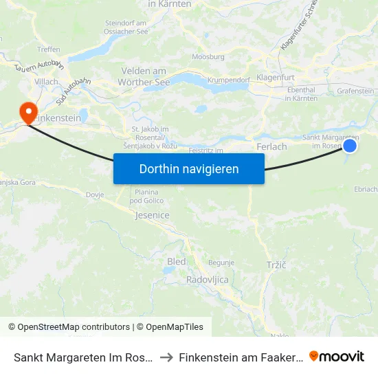 Sankt Margareten Im Rosental to Finkenstein am Faaker See map