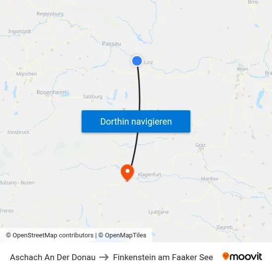 Aschach An Der Donau to Finkenstein am Faaker See map