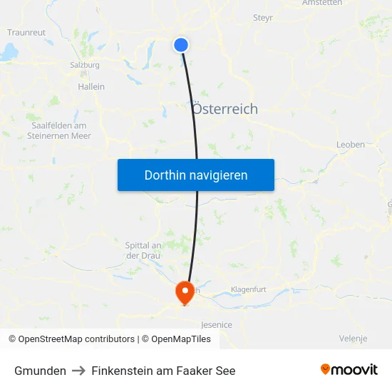 Gmunden to Finkenstein am Faaker See map