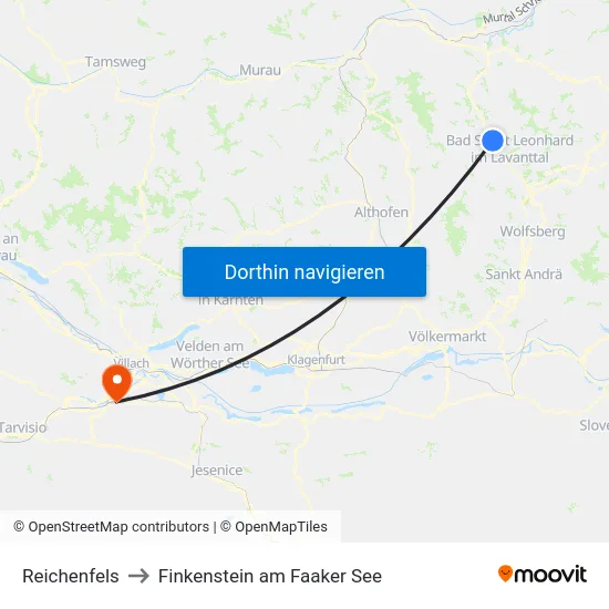 Reichenfels to Finkenstein am Faaker See map