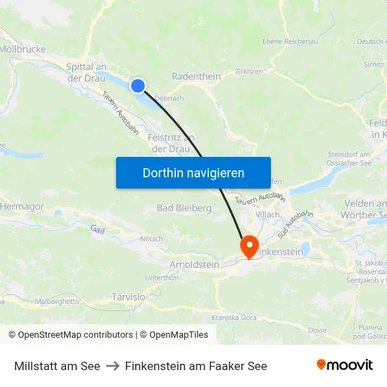 Millstatt am See to Finkenstein am Faaker See map