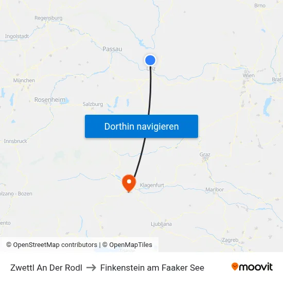 Zwettl An Der Rodl to Finkenstein am Faaker See map