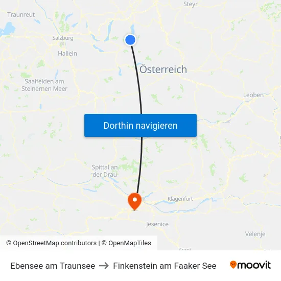 Ebensee am Traunsee to Finkenstein am Faaker See map