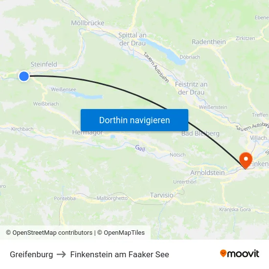 Greifenburg to Finkenstein am Faaker See map
