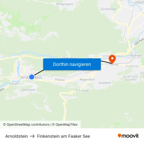 Arnoldstein to Finkenstein am Faaker See map