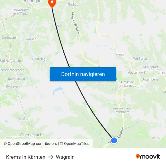 Krems In Kärnten to Wagrain map