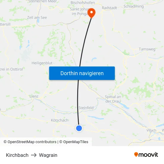 Kirchbach to Wagrain map