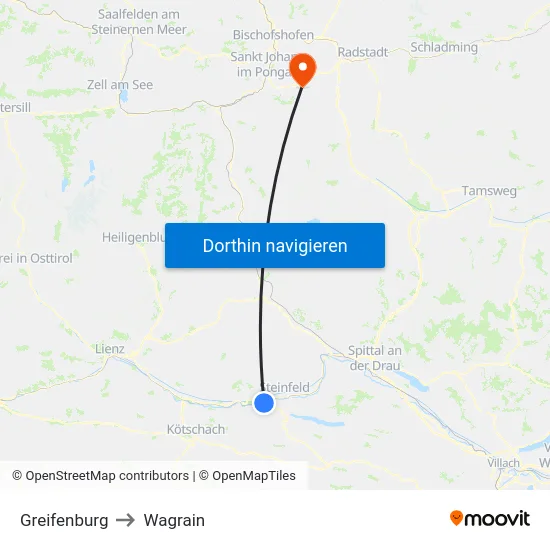 Greifenburg to Wagrain map