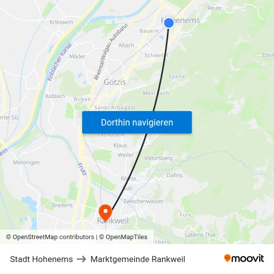 Stadt Hohenems to Marktgemeinde Rankweil map