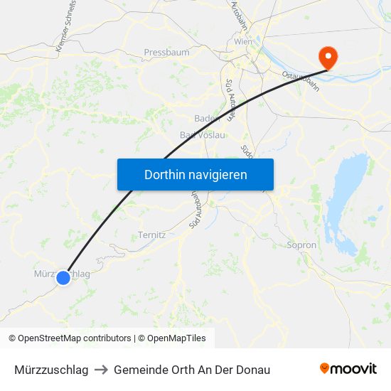 Mürzzuschlag to Gemeinde Orth An Der Donau map