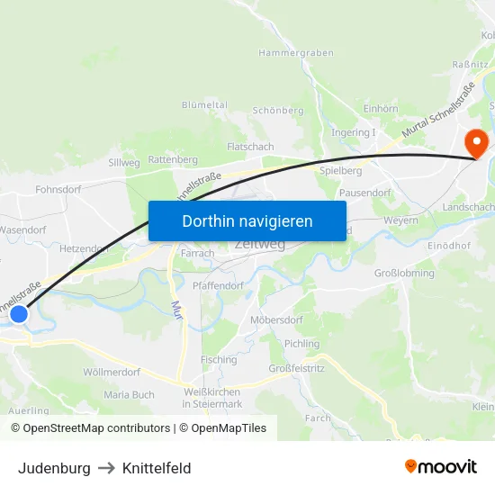 Judenburg to Knittelfeld map
