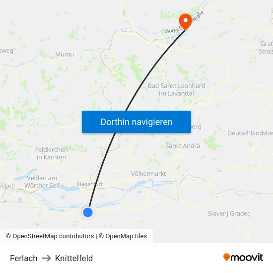 Ferlach to Knittelfeld map