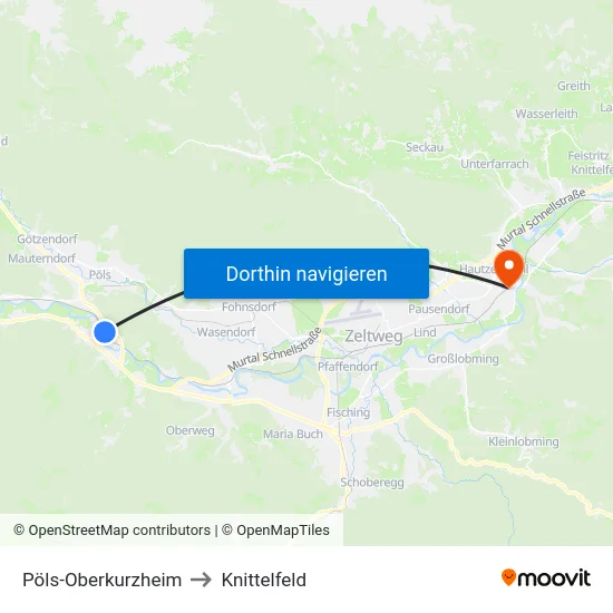 Pöls-Oberkurzheim to Knittelfeld map