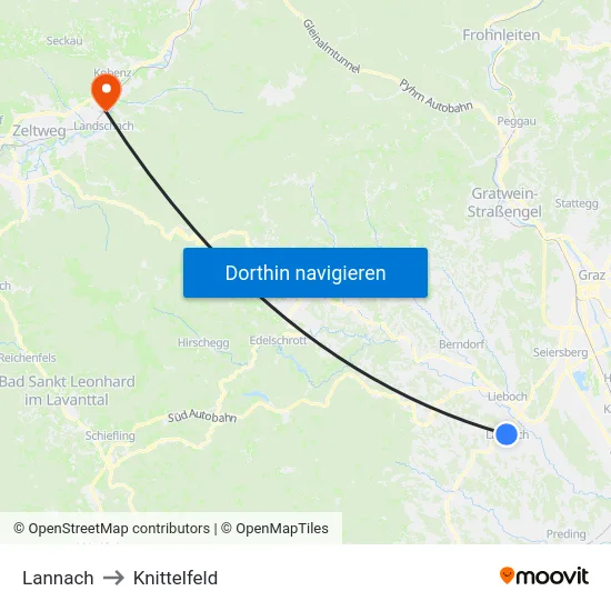 Lannach to Knittelfeld map