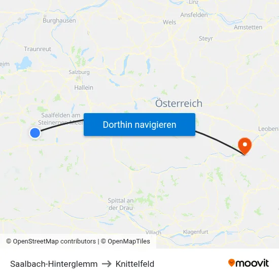 Saalbach-Hinterglemm to Knittelfeld map