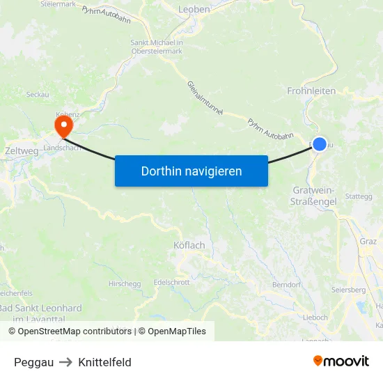 Peggau to Knittelfeld map