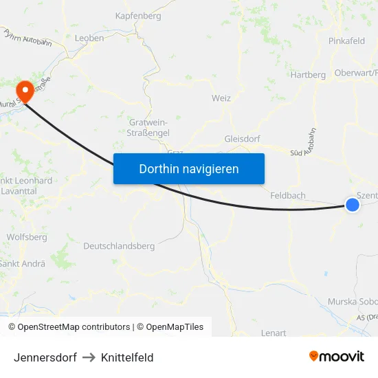 Jennersdorf to Knittelfeld map