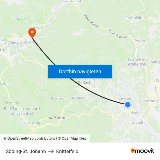 Söding-St. Johann to Knittelfeld map