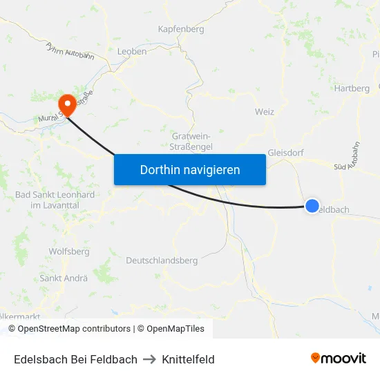 Edelsbach Bei Feldbach to Knittelfeld map