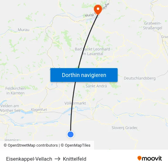 Eisenkappel-Vellach to Knittelfeld map
