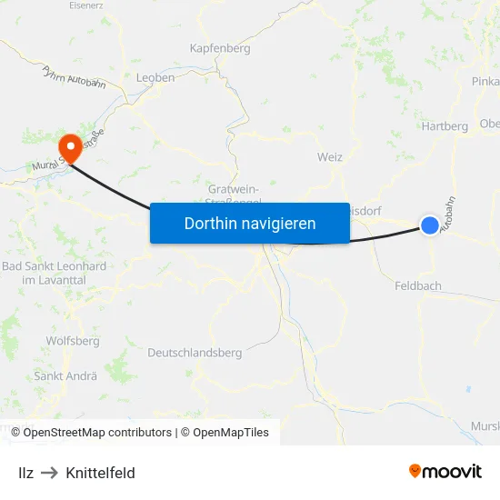 Ilz to Knittelfeld map
