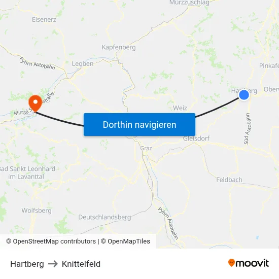 Hartberg to Knittelfeld map