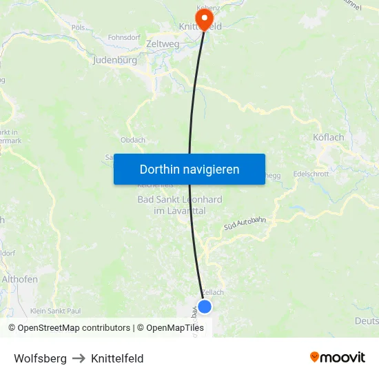 Wolfsberg to Knittelfeld map