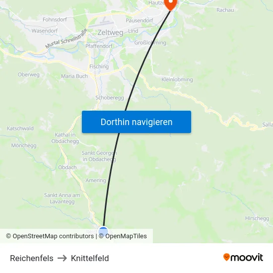 Reichenfels to Knittelfeld map