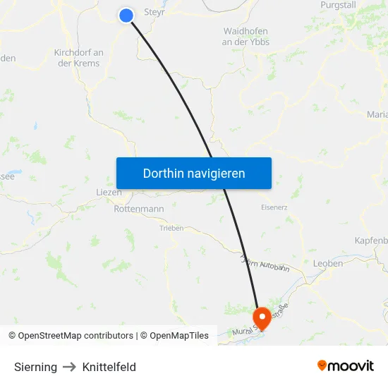 Sierning to Knittelfeld map